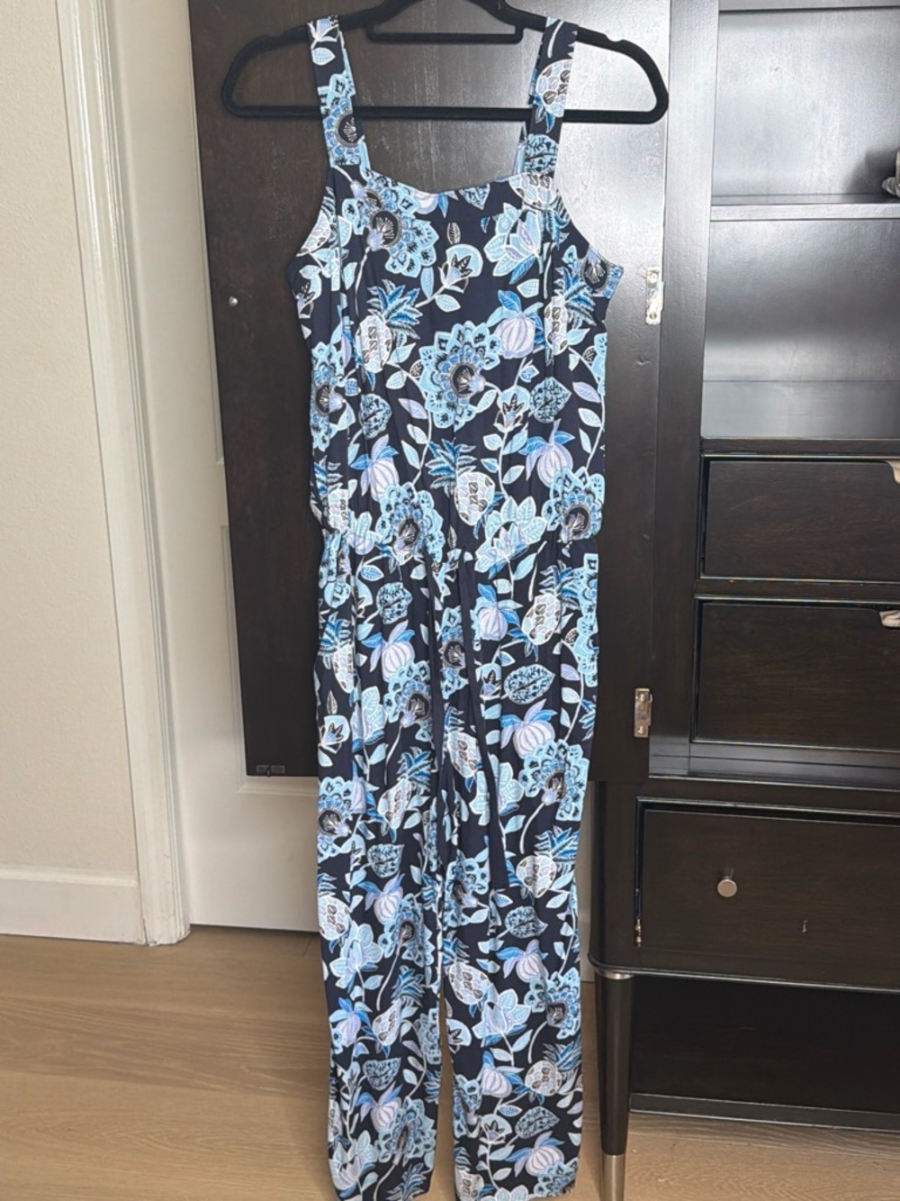 LOFT Black Jumpsuit with Blue Floral Print